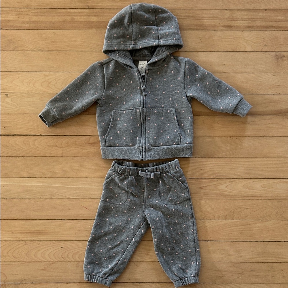 Carter’s - Gray with Pink Polka Dots Infant Hoodie and Jogger Set - 6-9M